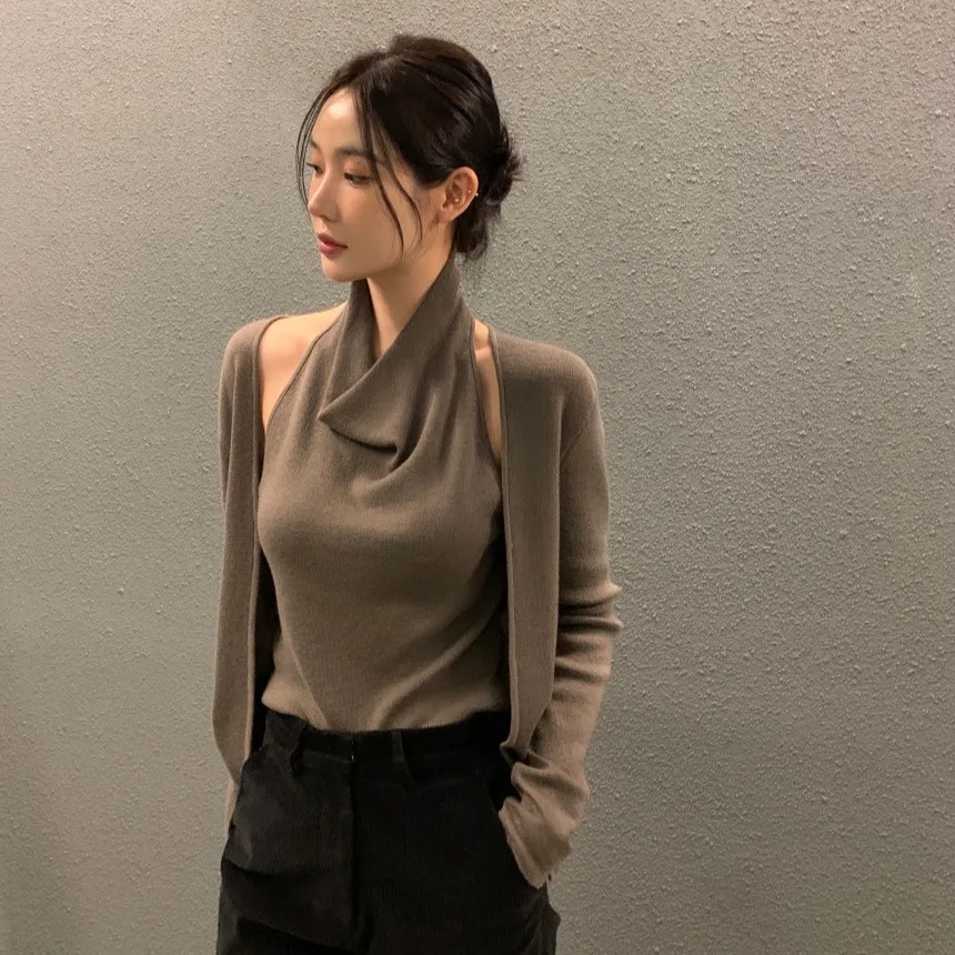 

Autumn New Design Spliced Knitted Sweater Fake Two-Piece Casual Sle Bright Tead Fem Polyester Fiber Hooded Top