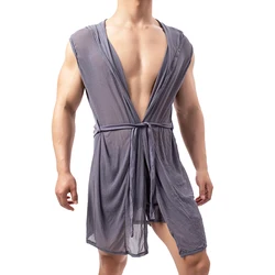 Men Hooded Bathrobe Mesh Silk See Through Sleeveless Towel Long Bath Robe Hoodies Nightgowns Sleepwear Loose Casual Sleep Tops