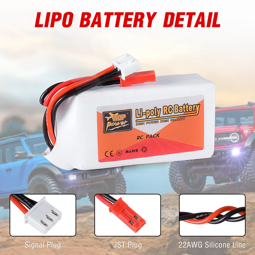 ZOP Power 7.4V bateria Lipo 25C 850/1000mAh Lipos z JST do samochodu TRX4M RC