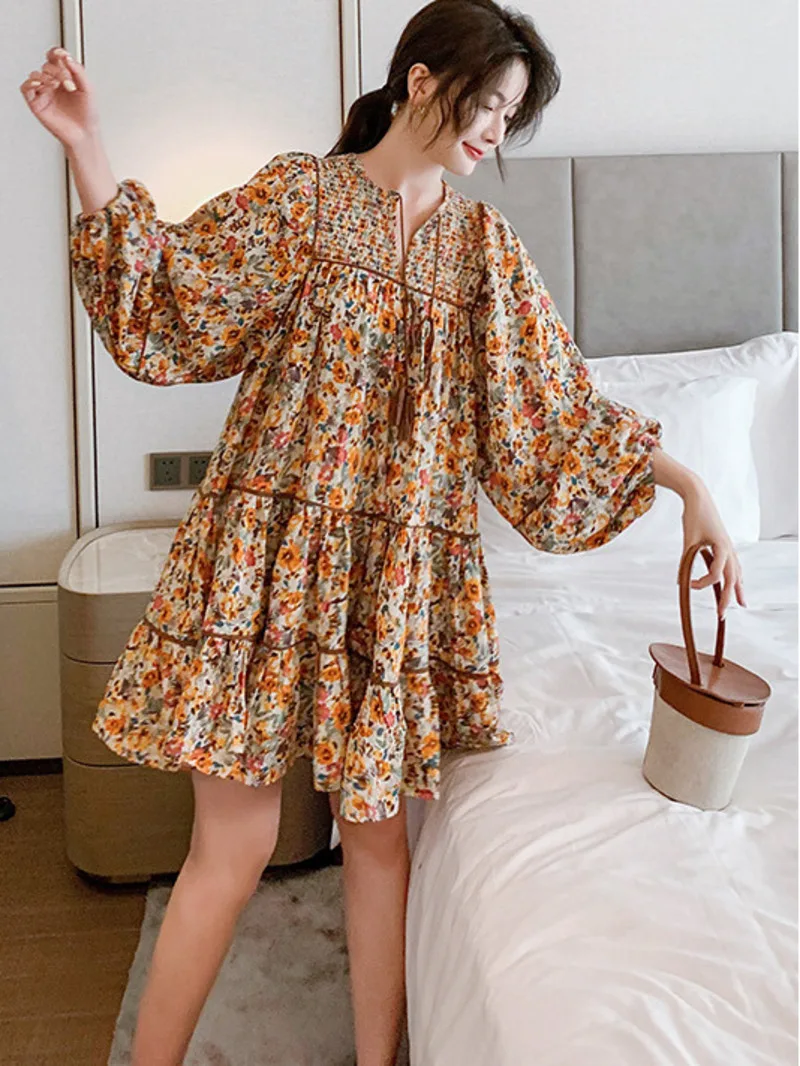 2024 Fashion Women's Rural Style Retro Fragmented Flower Dress Women's Loose Temperament Slimming Fairy Kikyu Short Skirt 1VQQ