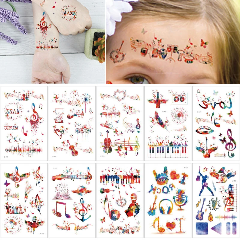 Waterproof Temporary Children Tattoo Sticker Music Note Colorful Tattoos for Men Women Kids Party Festival Decals