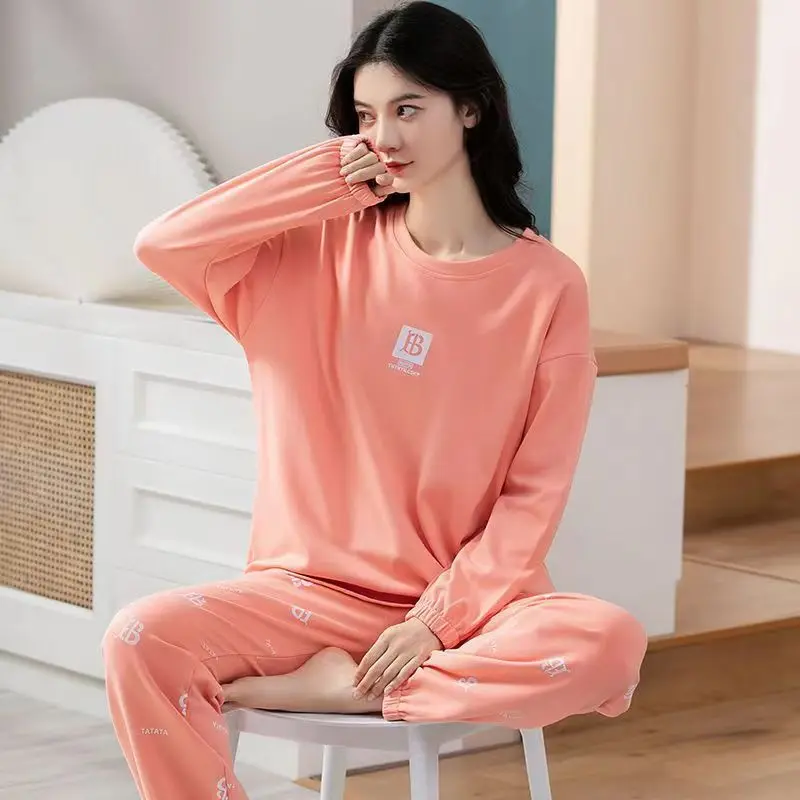 Spring Autumn Womens Polyester Pajama Sets Plaid Cartoon Sleepwear Long PJ Homewear Women's Nightwear Casual Suit Big Size 5XL