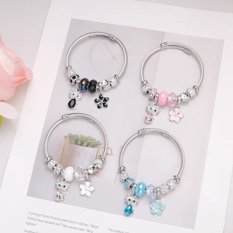 Cartoon Character Hello Kitty Kawaii Anime Stainless Steel Crystal Adjustablet Bracelet Beads Jewelry Accessories Gift