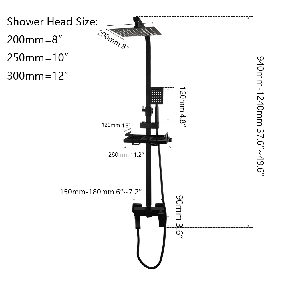 Torayvino Matte Black Bathroom Shower Faucet Set Rainfall Shower System Hot and Cold Faucets W/ Commodity Shelf Mixer Water Tap