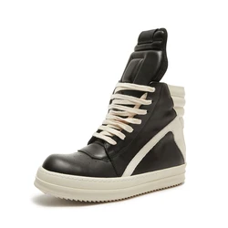 Brand Men Shoe Casual High Top Quality Women Sneaker owens Black Ankle Boot Geobasket Leather Fashion Thick-sole Flat Zip Shoe