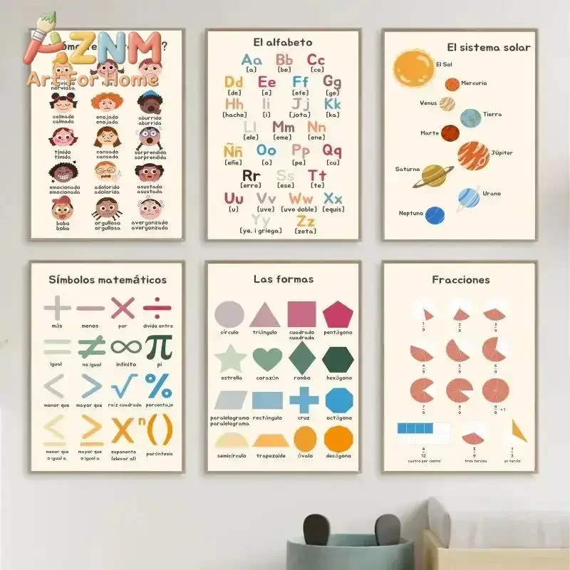 Boho-Wandkunst, Poster zum Erlernen der Zahlen und des Alphabets, spanische Lernposter und Drucke, Dekoration für Kinderzimmer und Spielzimmer, Leinwandbild.