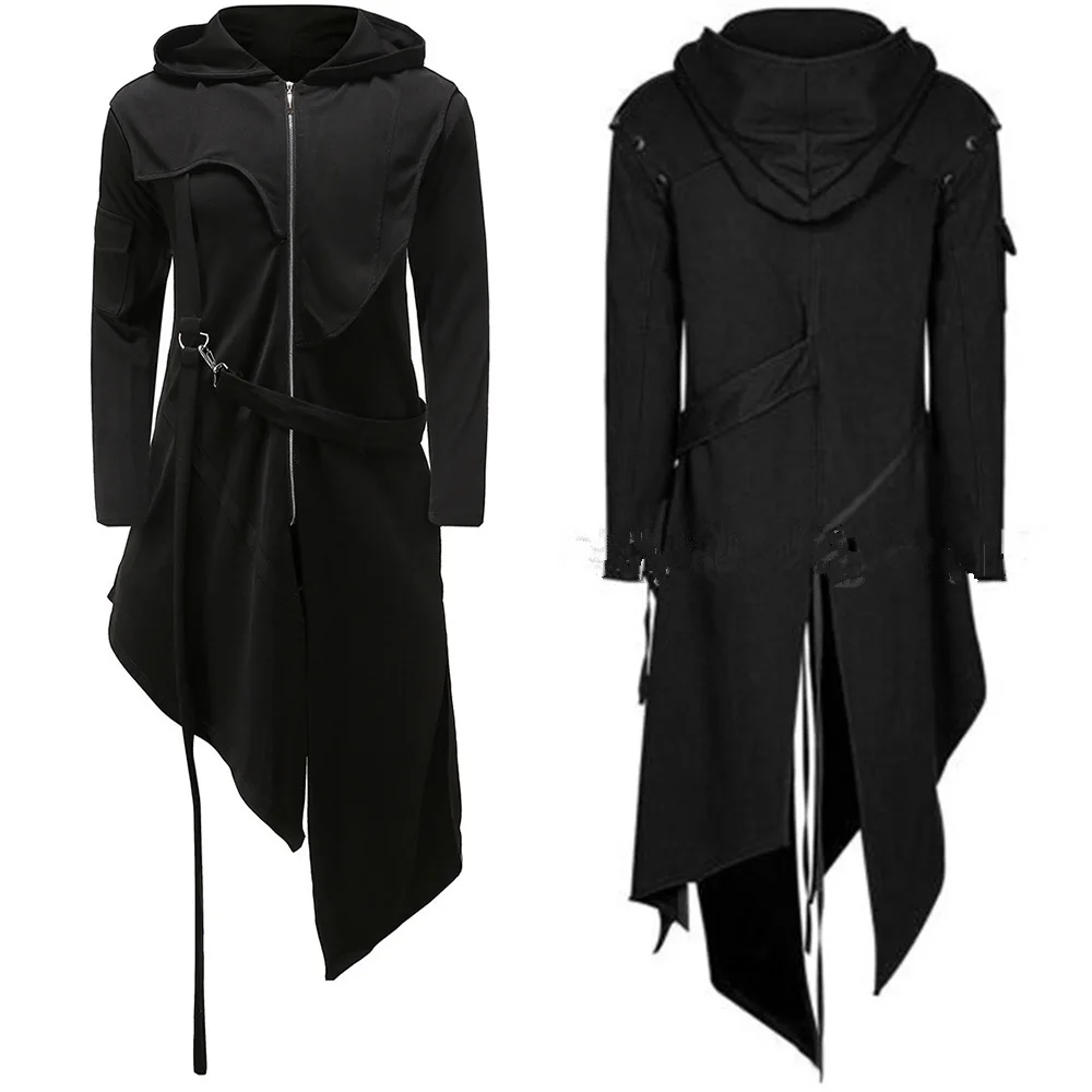 Mäntel Männer Gothic Zip Halloween Saum Kapuzen jacke lange lrregular Mann Karneval Praty Kleidung Retro Mantel Cosplay