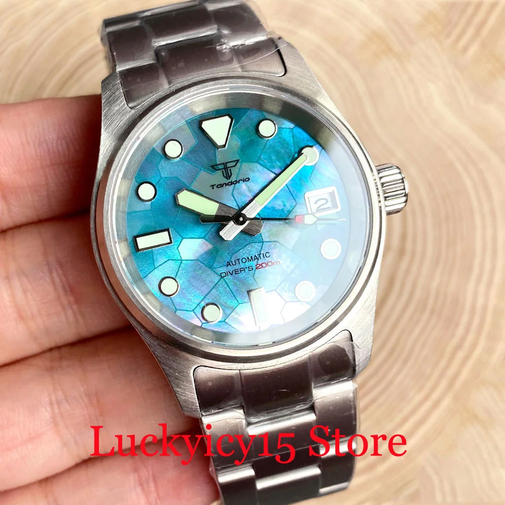 

Tandorio 36MM 200M Waterproof Japan NH35A Movement Automatic MOP Sky Blue Dial Green Lume Men Watch Steel Strap Sapphire Glass