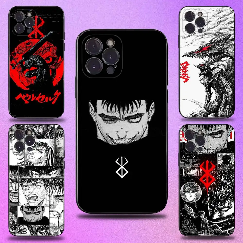 

B-BerserkS Anime Phone Case For iPhone 16,15,14,13,12,11 Plus,Pro Max,XS,X,XR,SE,Mini,8,7,Soft Silicone Black Cover