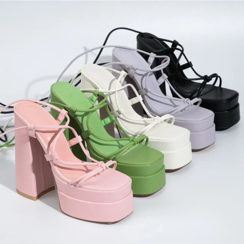 Summer Shoes for Women Sandals Platform Pumps PU 15CM Square Heel Summer Buckle Strap Cross Tied Women Shoes Green Pink