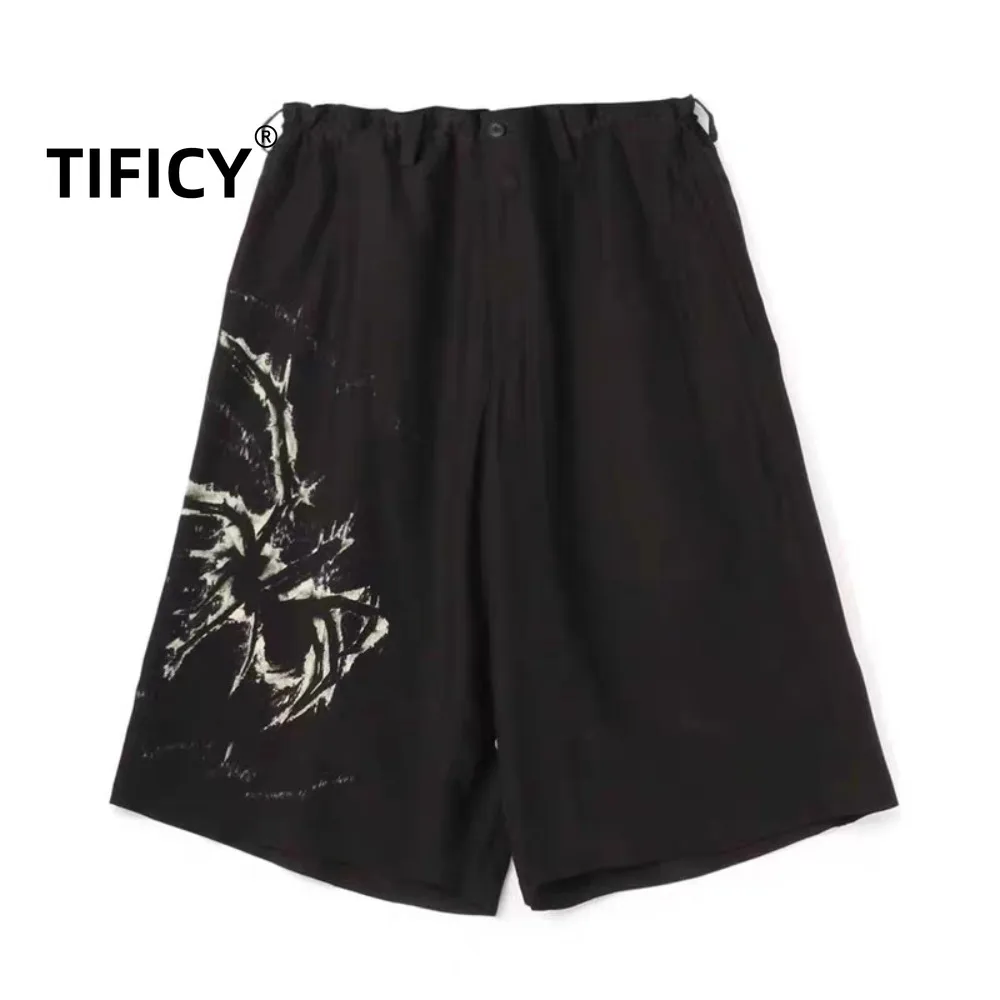 

High Street Dark Black Short Casual Mid Length Ice Satin Elastic Pants Men's Spider Print Loose Streetwear Shorts