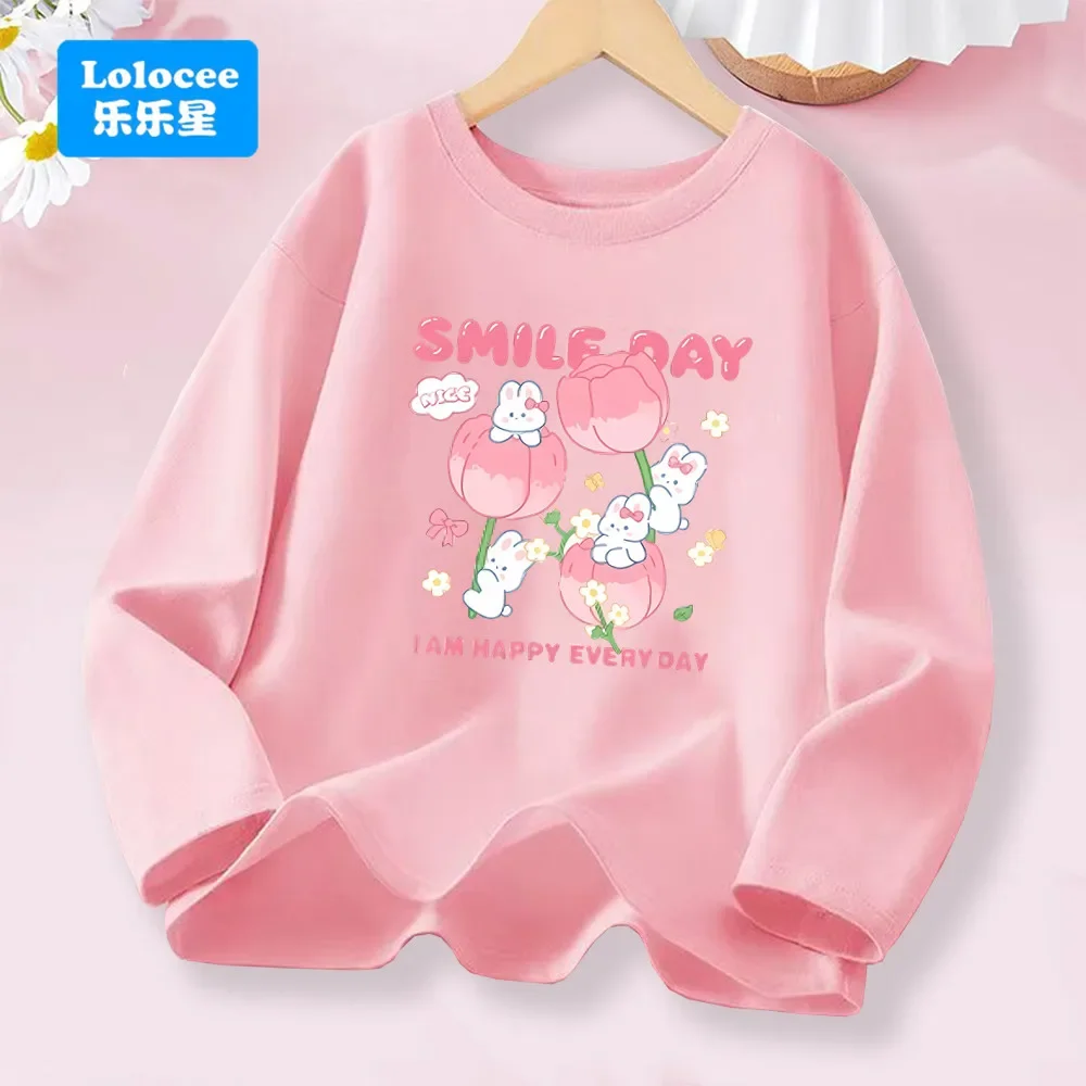 Cute Rabbit And Tulip Flower Print Kids' T-shirt Cotton Long-Sleeve Girls' Top for Daily Wear Children Fashion Spring Clothes