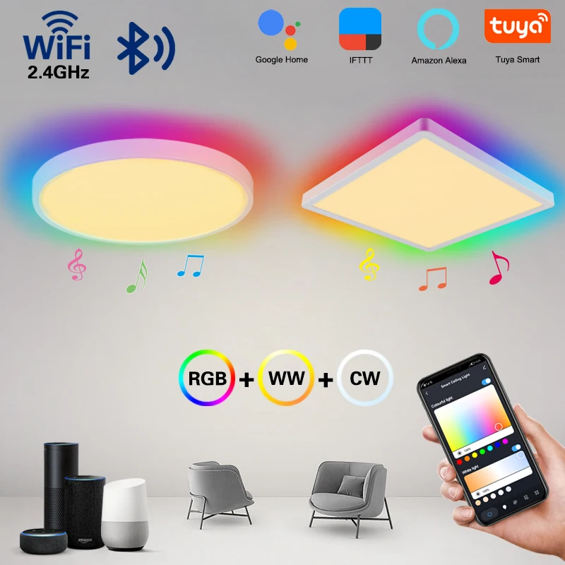 WiFi Smart Ceiling Light With Tuya APP/Alexa/Google RGB Dimmable Indoor LED Ceiling Lights Remote Control Voice Functional Party