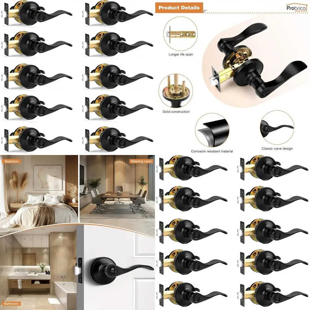 

Набор из 10 матовых черных волновых дверных рычагов для конфиденциальности, двусторонних для кровати/ванны, внутренние ручки без ключа для правой или левой двери