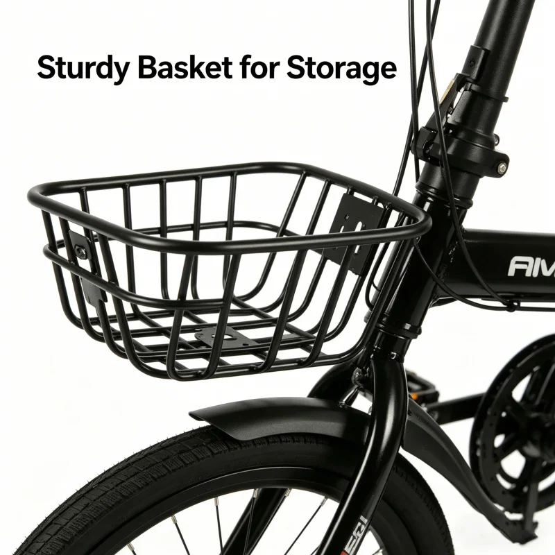 20Inch Folding Bike 7 Speed Adult Bicycle Portable Ultra-Light Commuter Student Bicycle with Rear Seat Basket Black Spoke Wheels