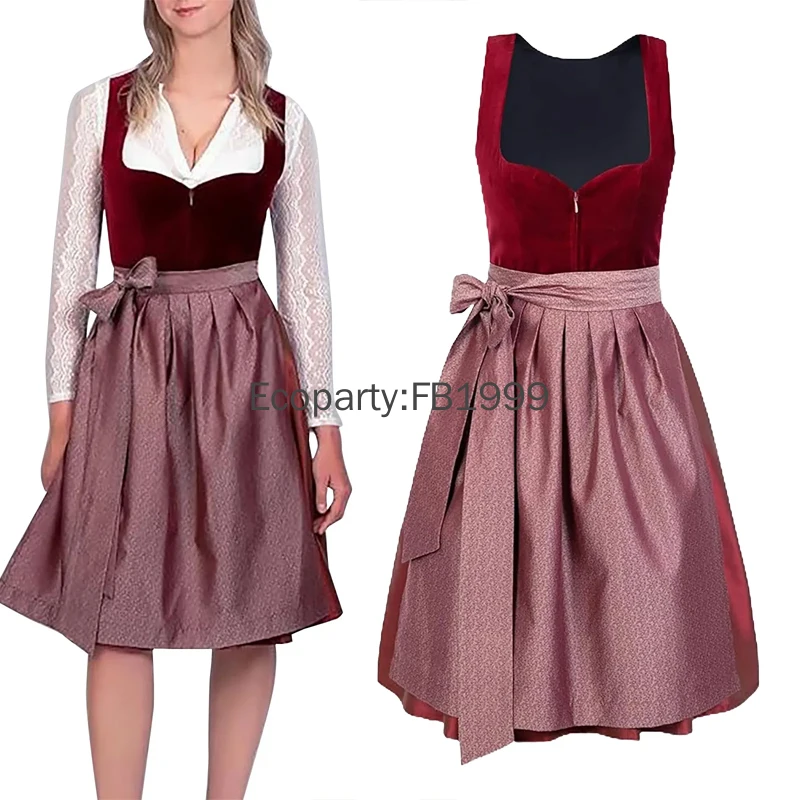 Vrouwen Duits Bier Meisjes Cosplay Kostuum Bavarian Oktoberfest Rood Fluwelen Dirndl Jurk Met Schort Festival Carnaval Feest Outfits