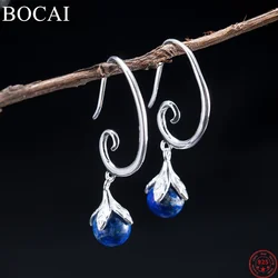 BOCAI S925 Sterling Silver Charms Drop Earrings for Women New Fashion Simplicity Lines Lapis Lazuli Ear-drops Palace Style