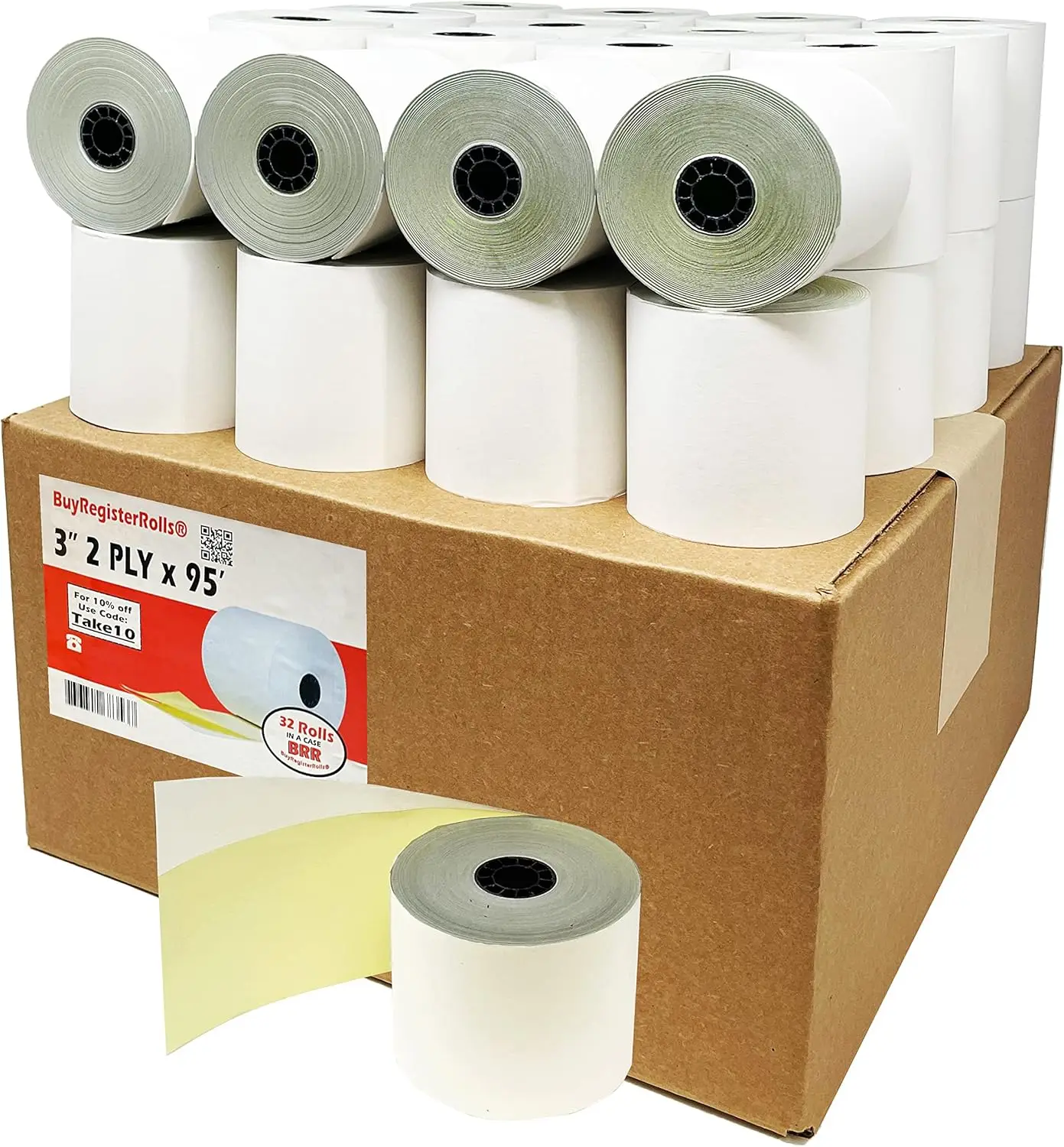 

32 Rolls 2-Ply Carbonless Receipt Paper, 3" x 95 ft, White/Yellow for POS Cash Registers