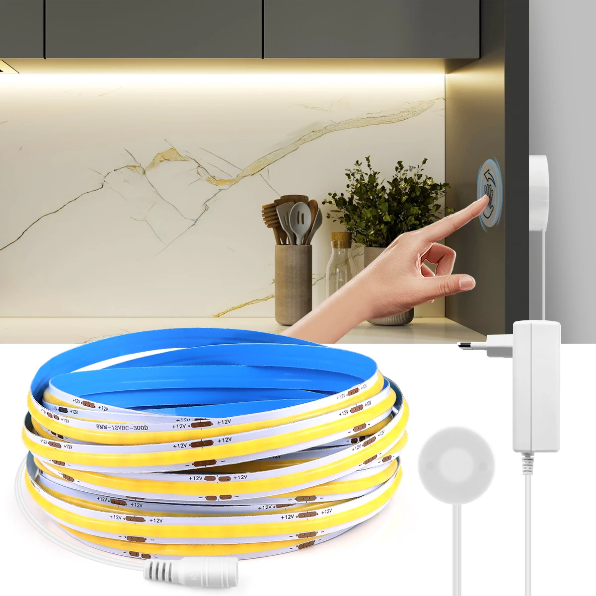 12V COB LED Strip Lights Hand Sweep Touch Sensor Switch High Density Flexible LED Tape 3000K 4000K 6500K Kitchen Room Decor