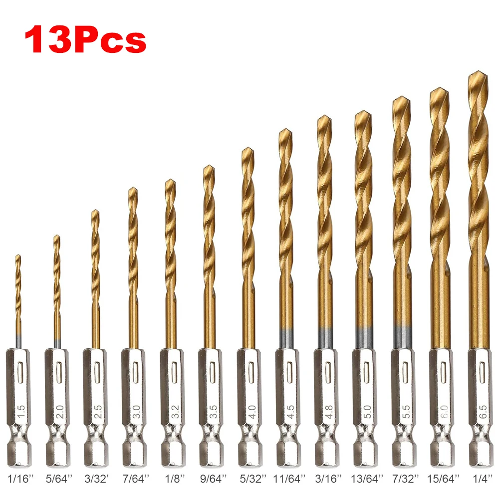 13PCS 1.5mm-6.5mm Drill Bit Set Titanium Coated High Speed Steel Hex Shank Hole Opener For Wood Plastic Aluminum