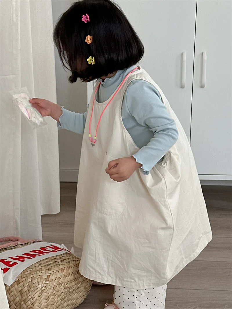 تنورة سترة مكدسة بجيب للفتيات للربيع والخريف منتج جديد ملابس أطفال فستان بسيط بلون واحد للأطفال