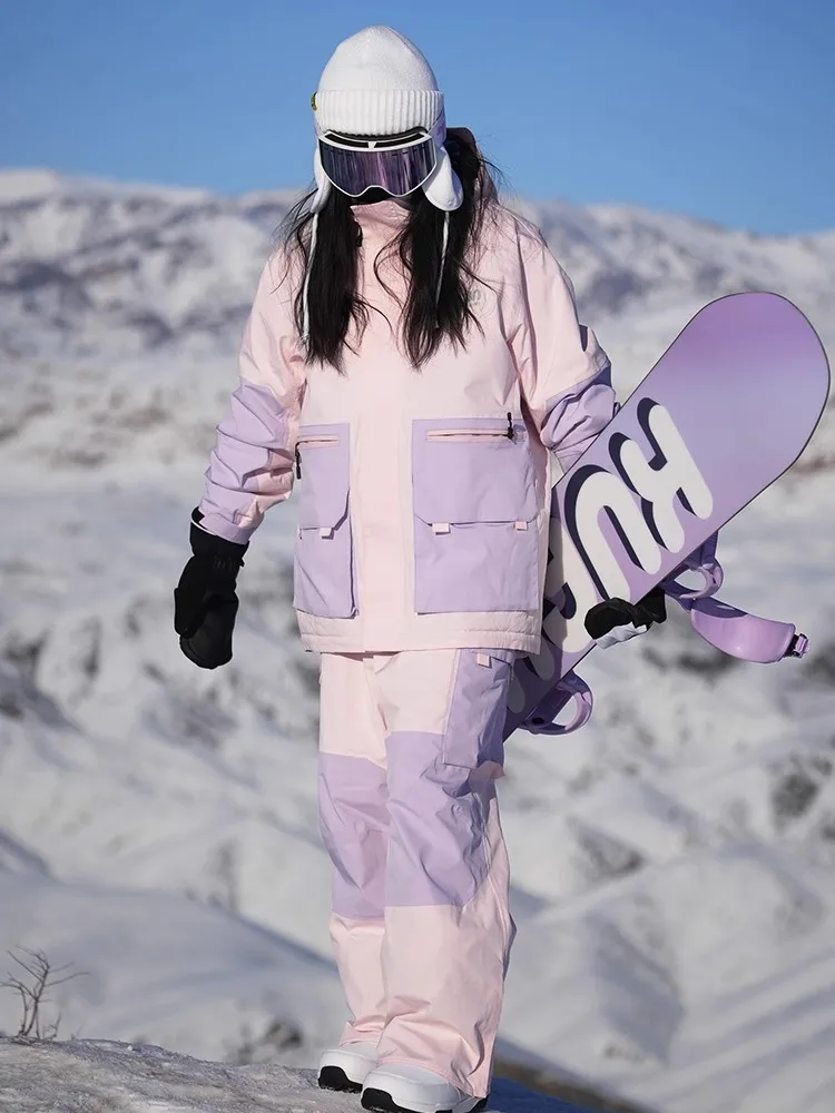 KUFUN Abbigliamento da sci Completo da snowboard ispessito impermeabile antivento Giacca sportiva da neve Pantaloni Pantaloni larghi Casual Donna adulta Adolescente