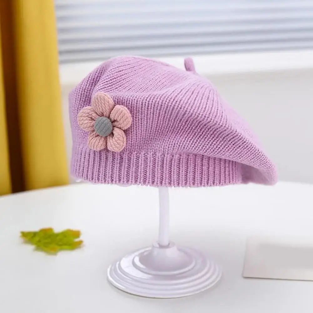 Girls Winter Hat Flower Decor Knitted Anti-slip Children Painter Cap Photo Prop Daily Outdoor Travel School Shopping Headwear