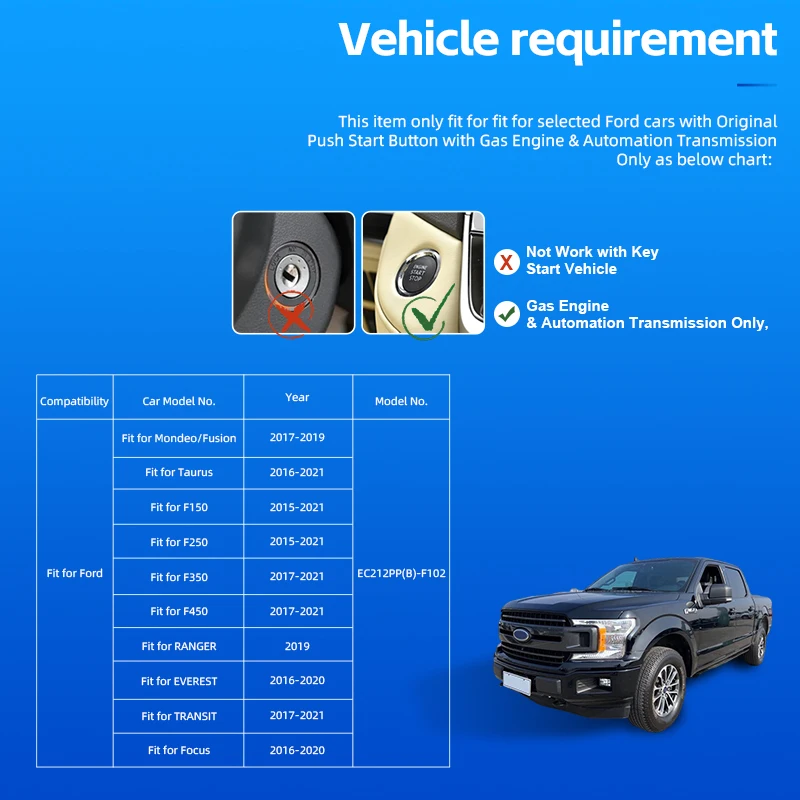 EasyGuard Plug Play Distance Start Fit For Gas Engine Ford EVEREST 2016-2020 With OEM Push Button Start Auto Transmission DC12V