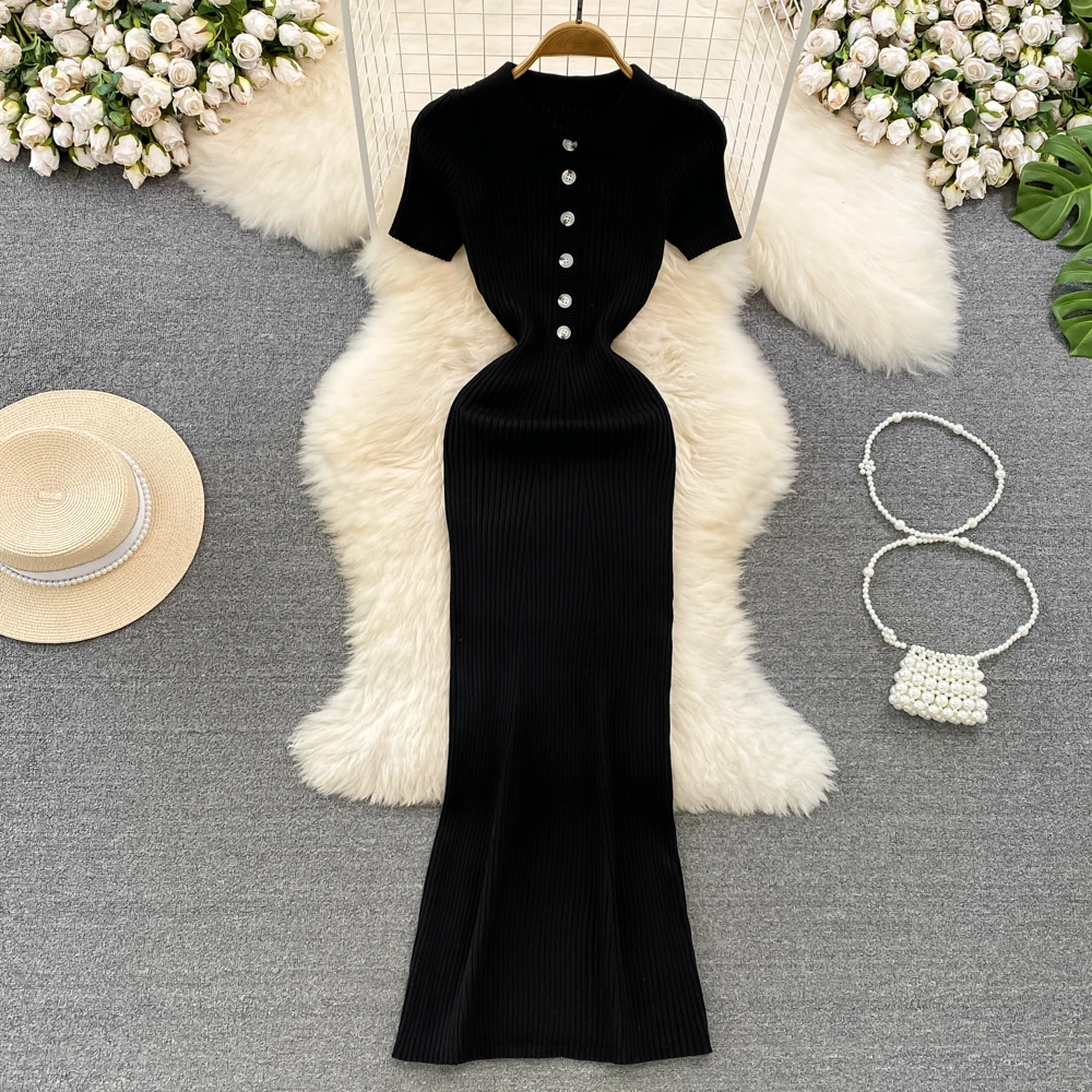 REALEFT lato 2025 nowe damskie Polo długie sukienki z dzianiny solidna elegancka, z krótkim rękawem guziki obcisła sukienka kopertowa kobieta