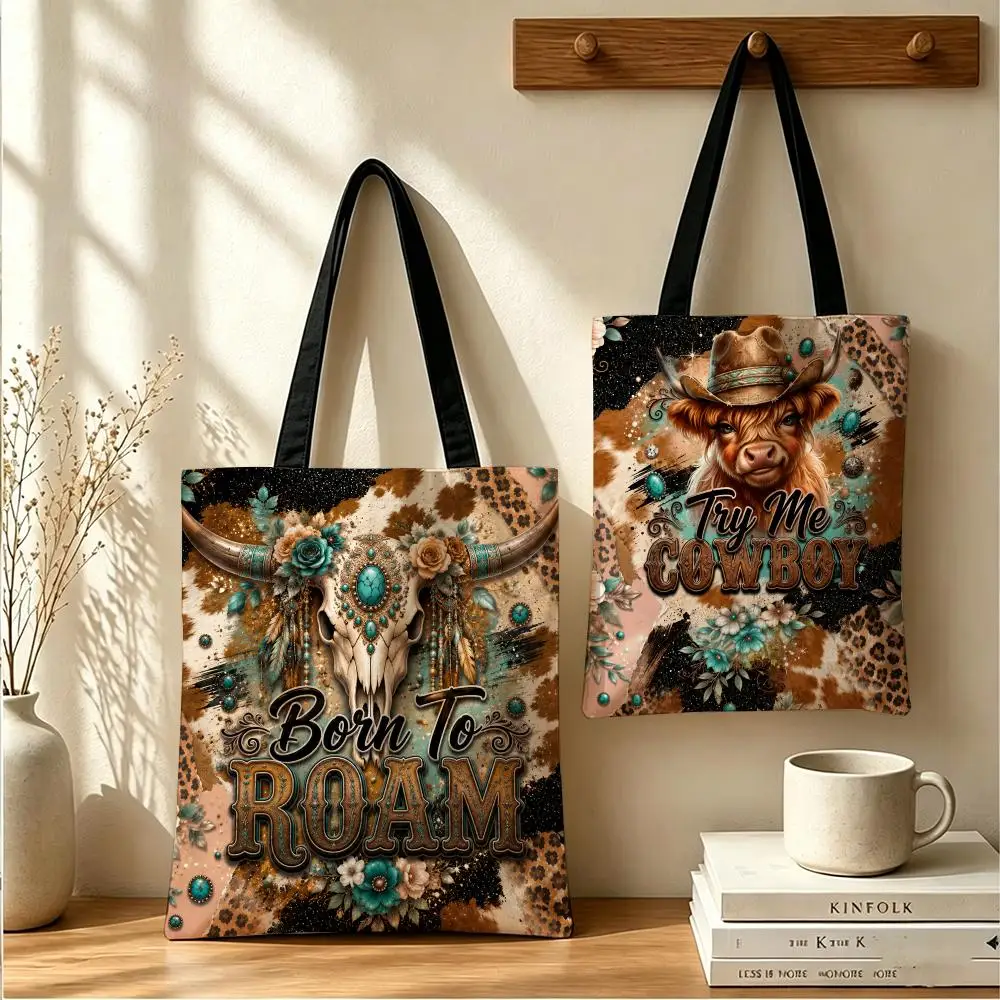 Western Cowboy Style Storage Bags Large Capacity Canvas Tote Bag Reusable Shoulder Handbag for Daily Shopping Travel