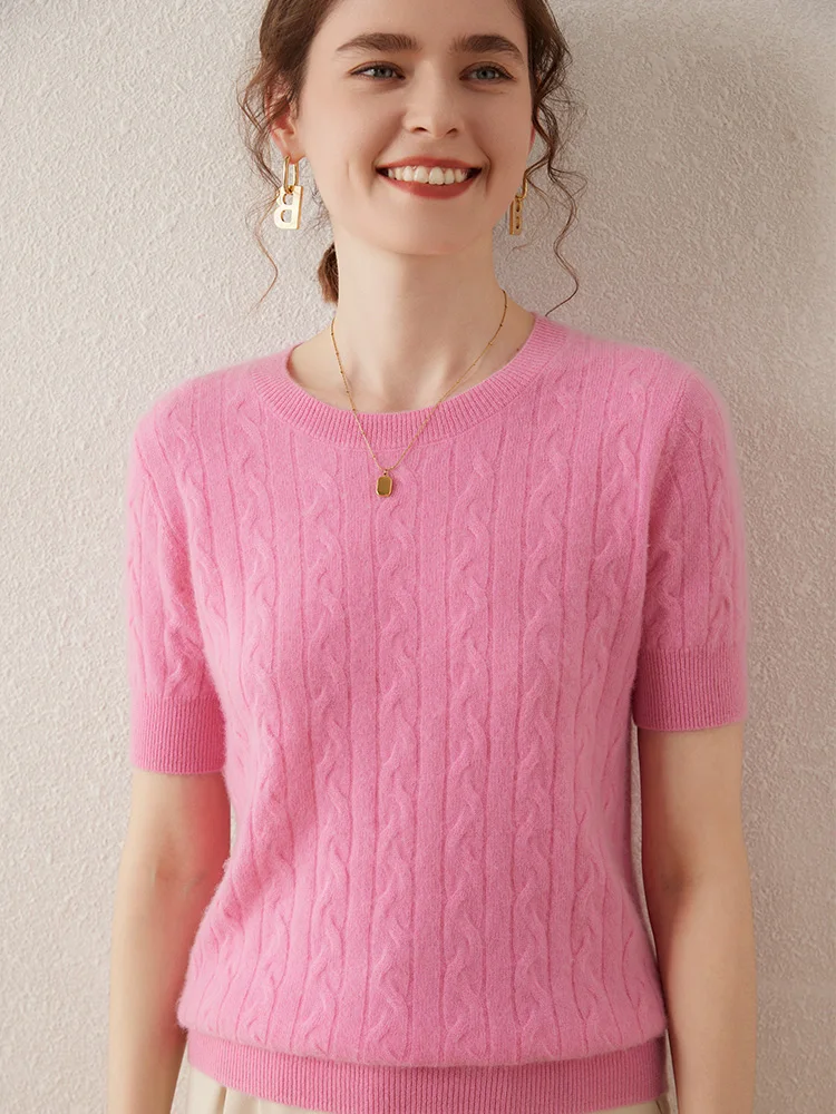 High Quality 100% Cashmere Sweater Women's O-Neck Short Sleeve Pullover Spring Autumn Cashmere Knitwear T-shirt Female Clothing