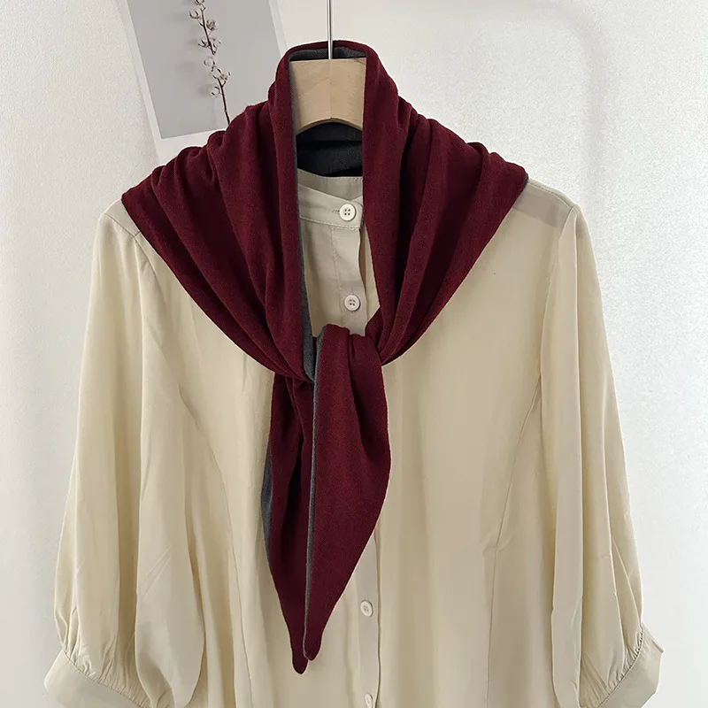 

Офисный маленький шарф-палантин, вязаный двусторонний треугольный шарф-косынка для женщин в корейском стиле, универсальный, теплый, однотонный