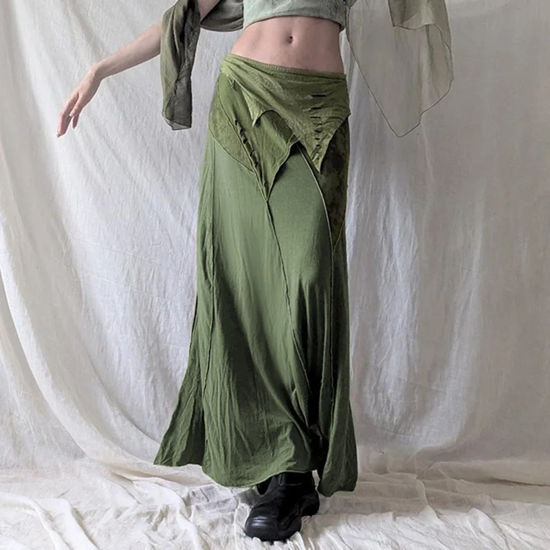

Forest Style Vintage Asymmetrical Patchwork Long Mermaid Skard Elegant Chic Unique Design High Slit Side Wrap Skirt