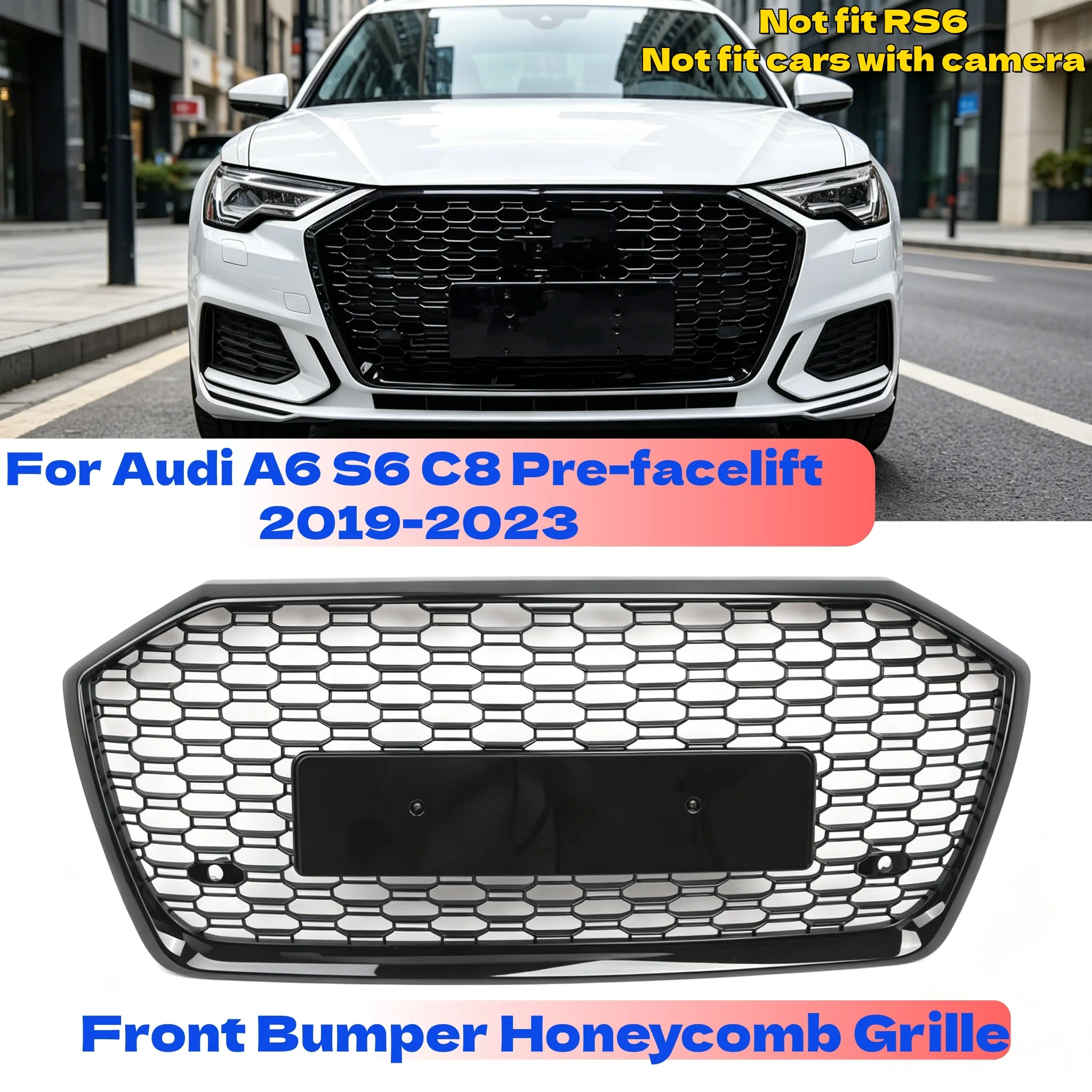 Frontstoßstangen-Rennkühlergrill für Audi A6 S6 C8 Vor-Facelift 2019-2023 Auto-Frontgrill Wabengrill Glänzend Schwarz