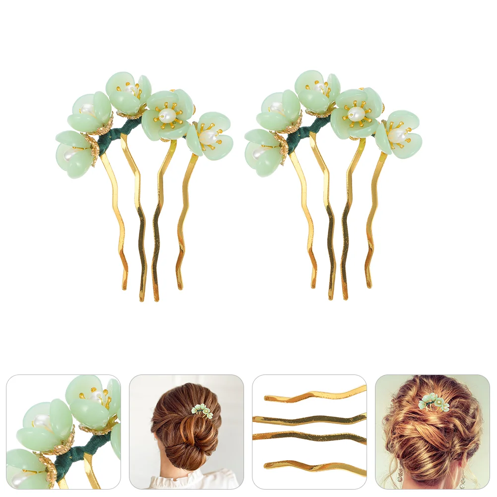 

2 Pcs Hairpin Classical Fork Toppers Chinese Headdress Decor Accessories Retro Floral Stick The Flowers