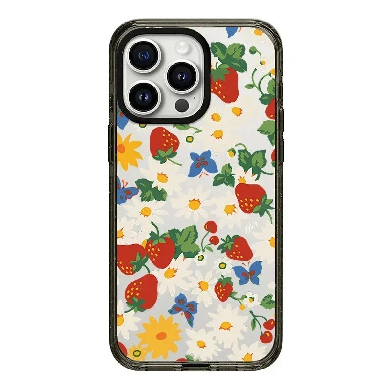 2.0 Acrylic Upgrade Border Flower Strawberry Phone Case Cover for iPhone 11 12 13 14 15 16 Pro Max Case for iPhone 16 Pro