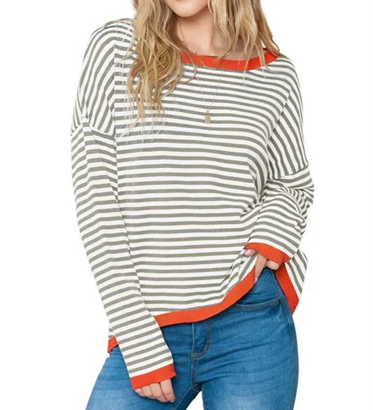 2026 Women's New Fashion Trend Advanced Basic Loose Temperament Casual Versatile Striped Contrast Long-sleeved Tops for Women