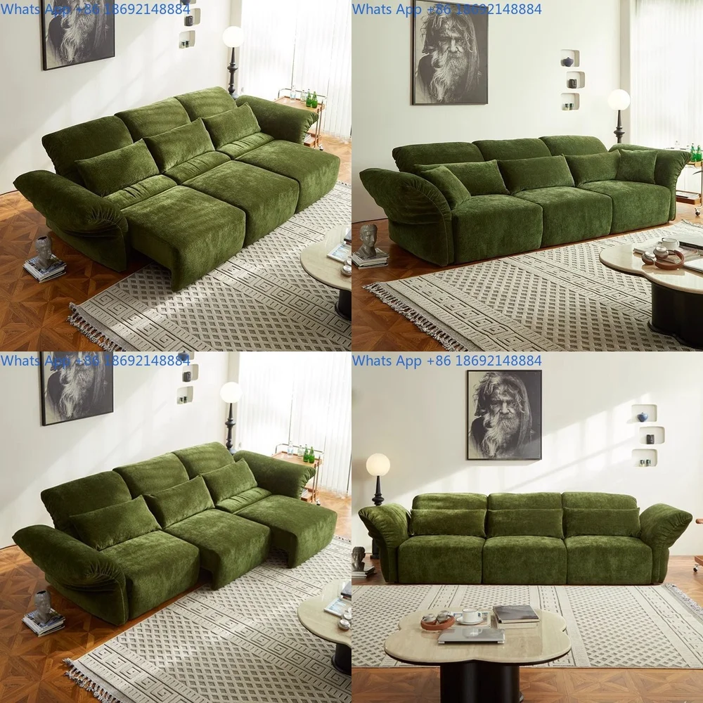 

Italian retro electric petal sofa modern simple wall free chenille fabric green sofa extendable