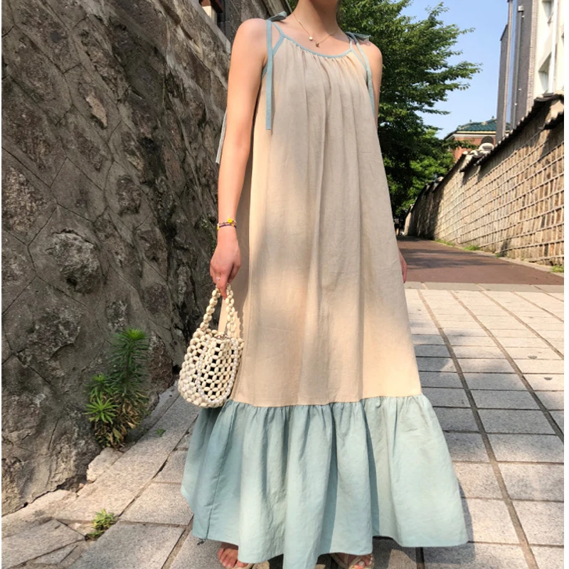 

Women's Summer Vintage Loose Long Sling Dress Patchwork Lacing Up Ruffle Hem Maxi Sundress Holiday Dresses Korea Style