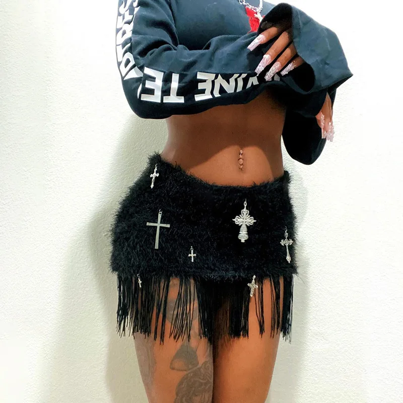 

High-waisted cross printed tassel Mao Mao short skirt European and American autumn fashion casual spice girl skirt female