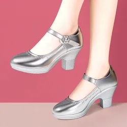 5.5cm 7cm Shallow Mouth Women's Soft Leather Mary Janes Platform Shoes 2026 Spring Med Block Heels Shoes for Office Dance Mom