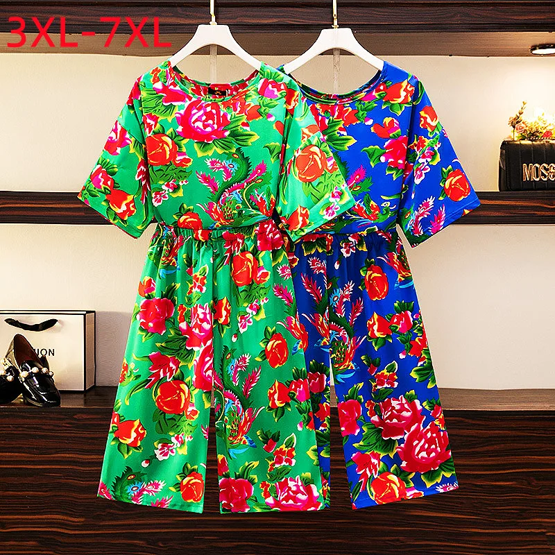 New 2022 Summer Women Plus Size Loose Flower Floral Print T-shirt And Shorts Two piece sets 3XL 4XL 5XL 6XL 7XL