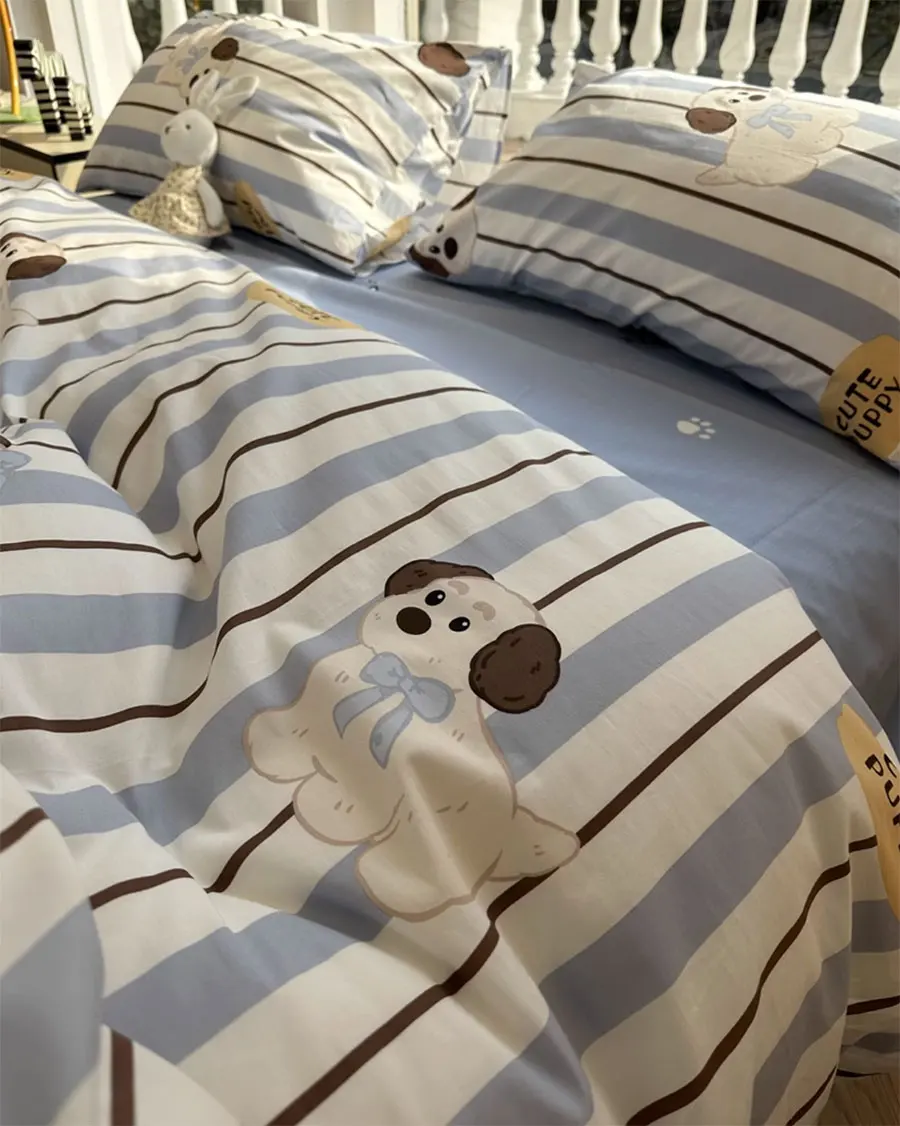 

Fashion cartoon dog blue stripes bedding set child teen,twin full queen cotton home textile bed sheet pillow case quilt cover