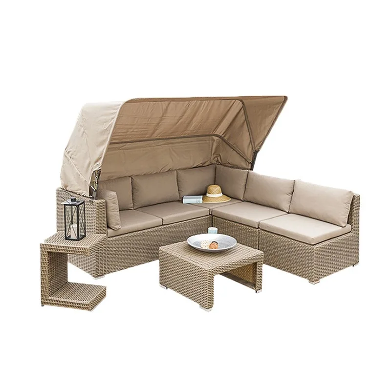 

Outdoor rattan bed sofa outdoor courtyard open-air balcony sofa combination with canopy leisure