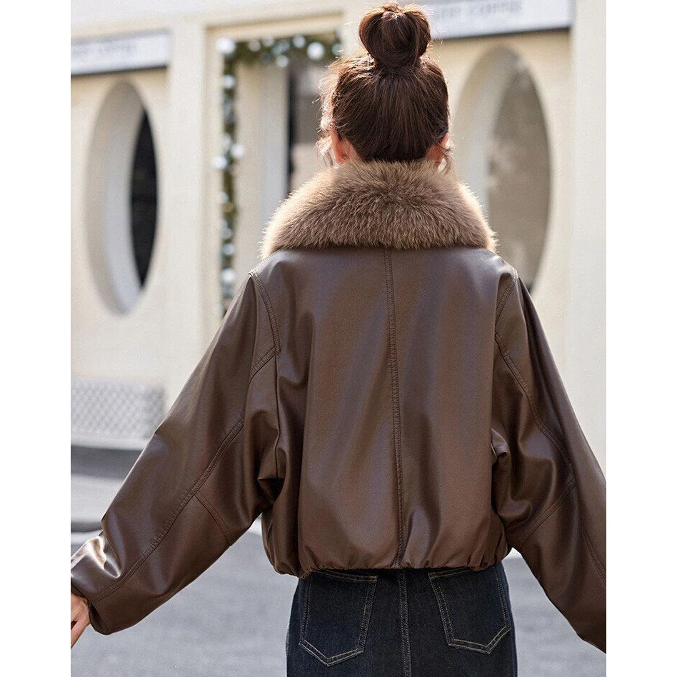 Women Warm Faux Leather Cropped Jacket With Faux Fur Collar  Lantern Long Sleeve Loose Short PU Coat Autumn Winter Outerwear