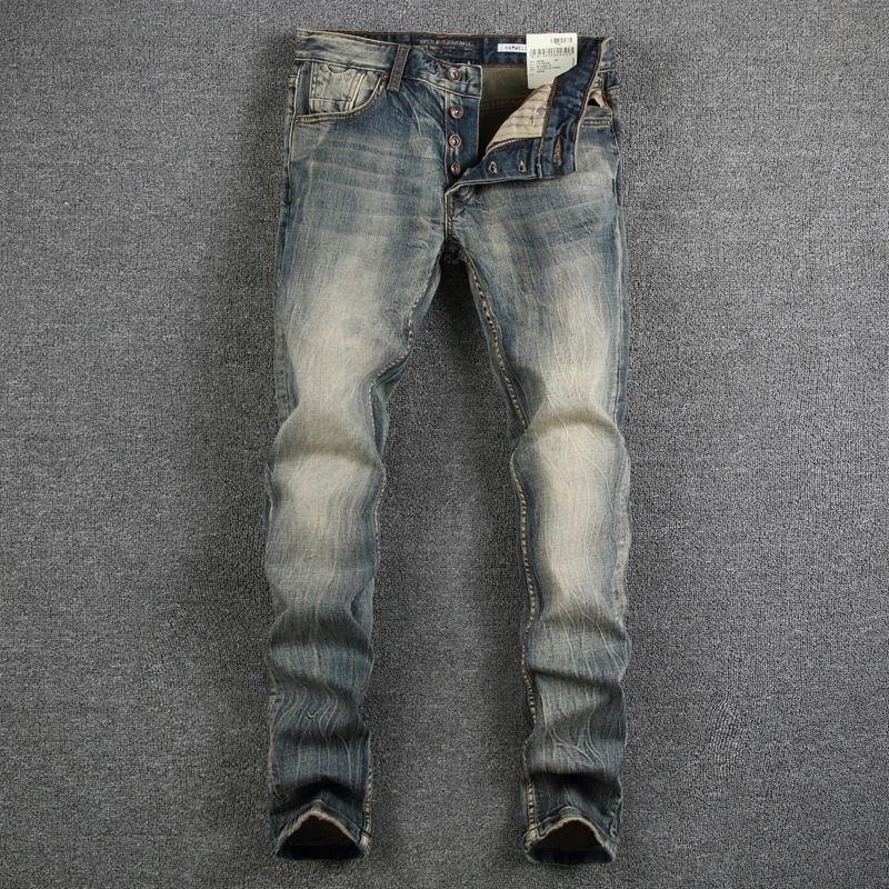 

Newly Designer Fashion Men Jeans Retro Washed Stretch Slim Fit Buttons Ripped Jeans Men Italian Style Vintage Denim Pants Hombre