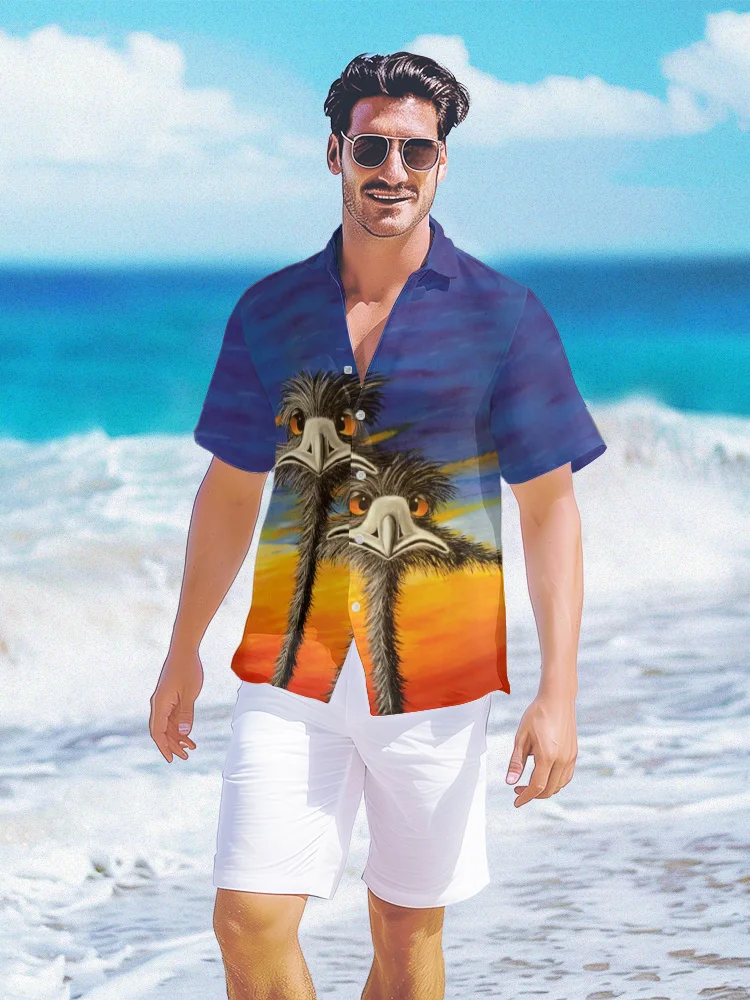 Summer Hawaiian Shirt Fashion Ostrich Print Tops Beach Fashion Men Shirt Party Streetwear Shirts Short Sleeve Male Clothes