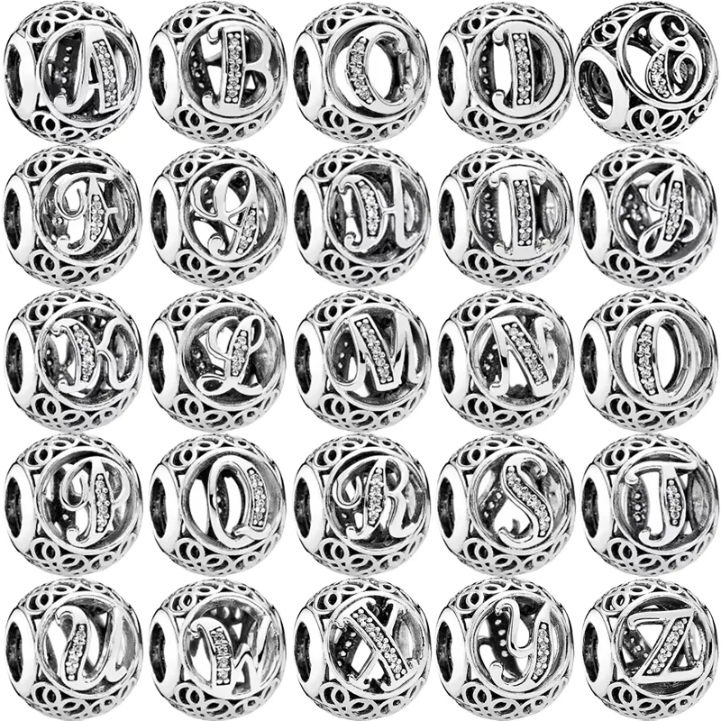 

Стерлингового серебра 925 пробы, полые круглые A-Z 26, бусины с английской буквой алфавита «сделай сам», подходят для оригинального браслета-подвески Pantaro, ювелирные изделия, подарок
