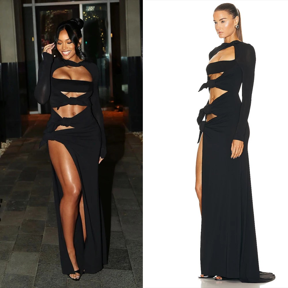 Sexy Hollow Out High Side Split See Through Mesh Long Sleeve Maxi Dress Luxury Brithday Prom Gown Party Club Fashion Dresses