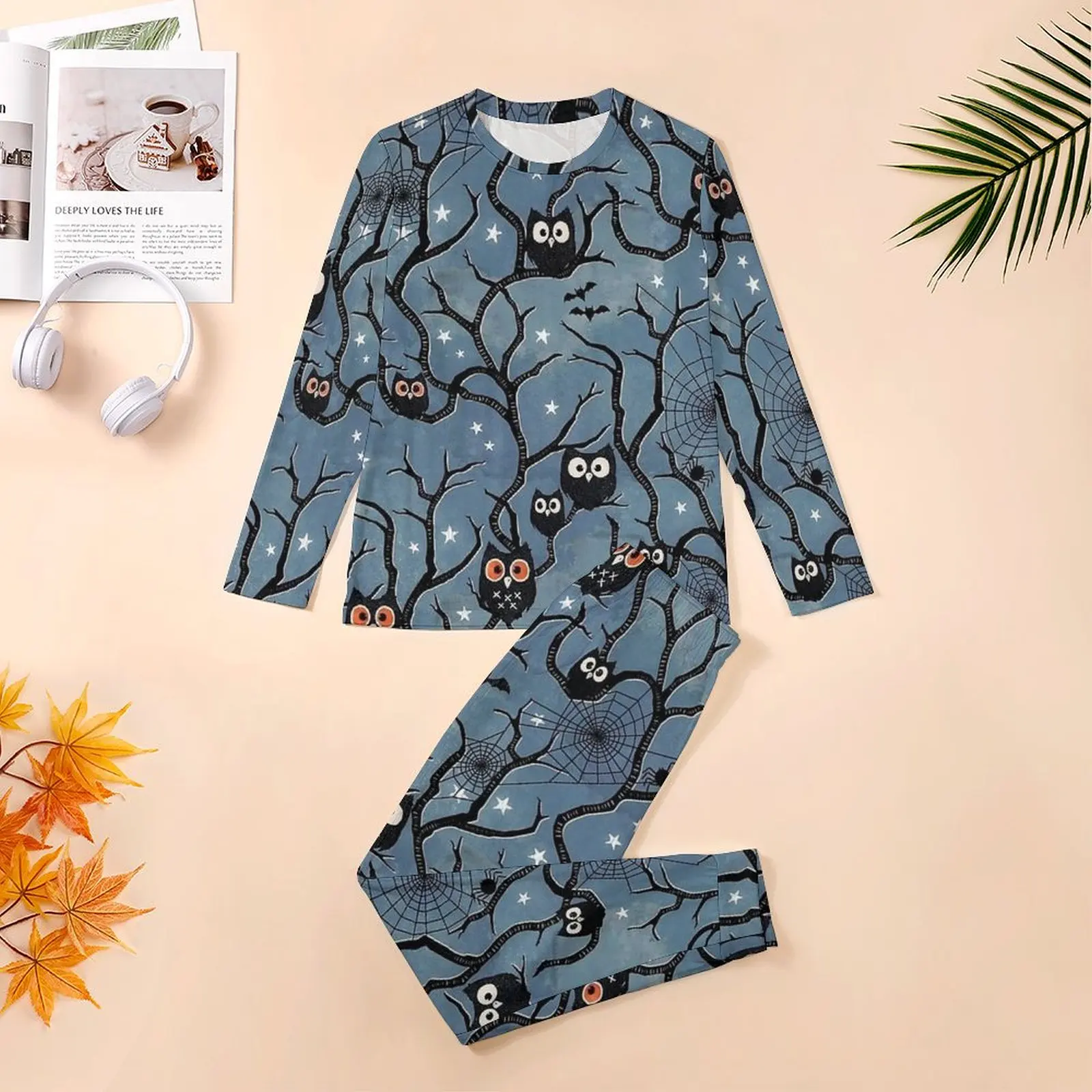 Halloween Pajamas Spooky Woods Owls Man Long-Sleeve Kawaii Pajama Sets 2 Pieces Casual Daily Graphic Home Suit Birthday Gift